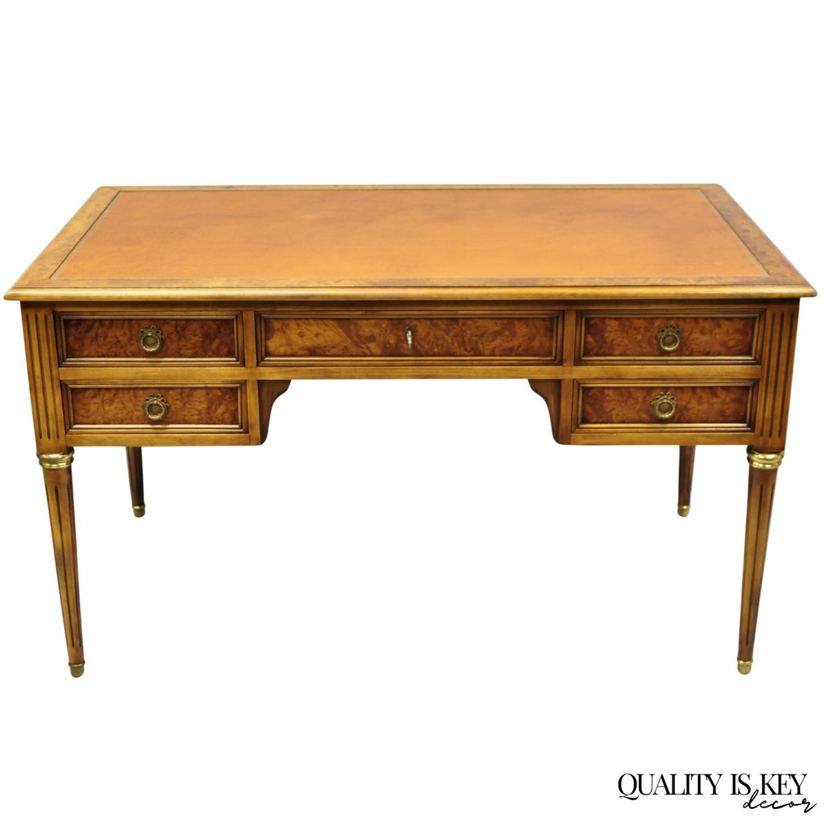Vintage French Louis XVI Style Burl Walnut Tooled Leather Top Writing Desk