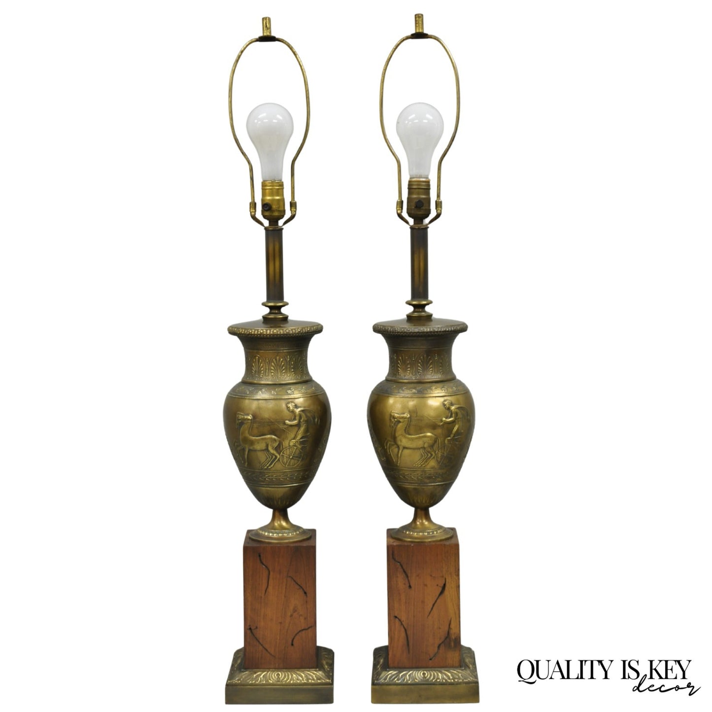 Vintage French Neoclassical Horse & Chariot Bronze Finish Urn Table Lamps a Pair