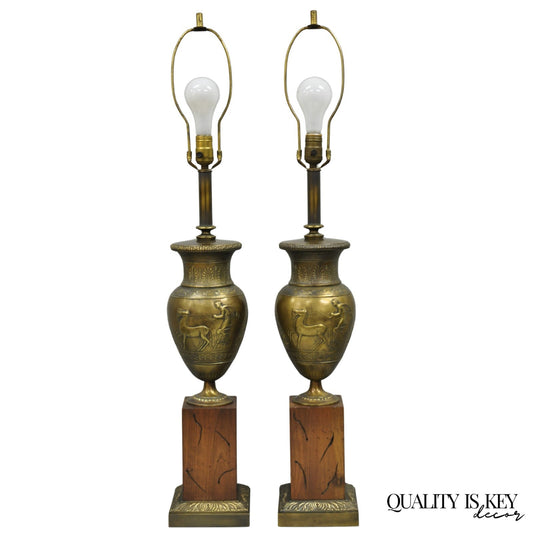 Vintage French Neoclassical Horse & Chariot Bronze Finish Urn Table Lamps a Pair