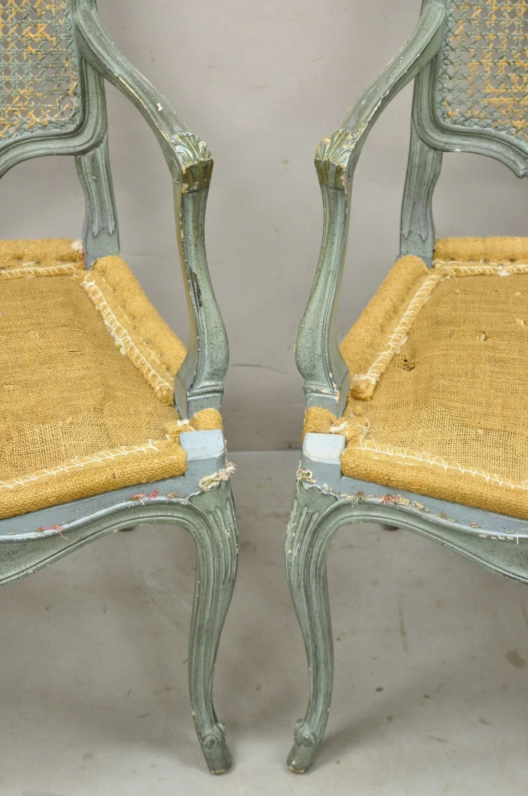 Antique French Louis XV Style Blue Painted Cane Back Fauteuil Arm Chairs - Pair