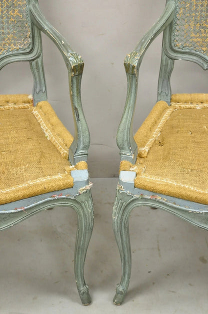 Antique French Louis XV Style Blue Painted Cane Back Fauteuil Arm Chairs - Pair