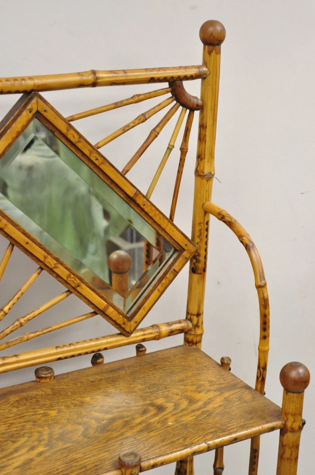 19th C English Victorian Bamboo Stick and Ball Curio Shelf Etagere w/ Mirror
