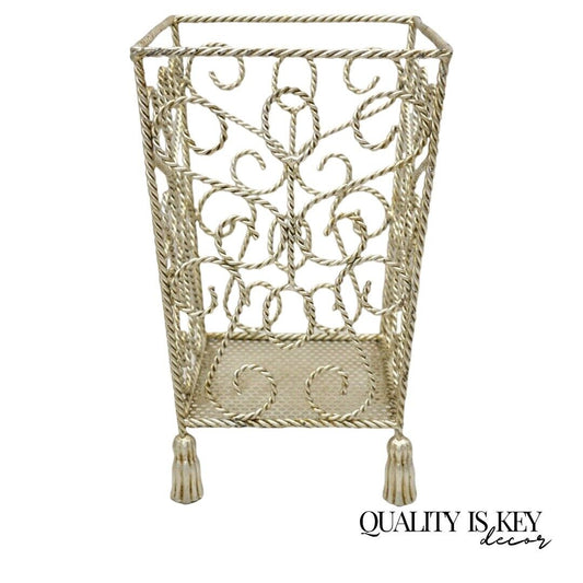 Italian Hollywood Regency Silver Scrolling Iron Tassel Wastebasket Storage Decor