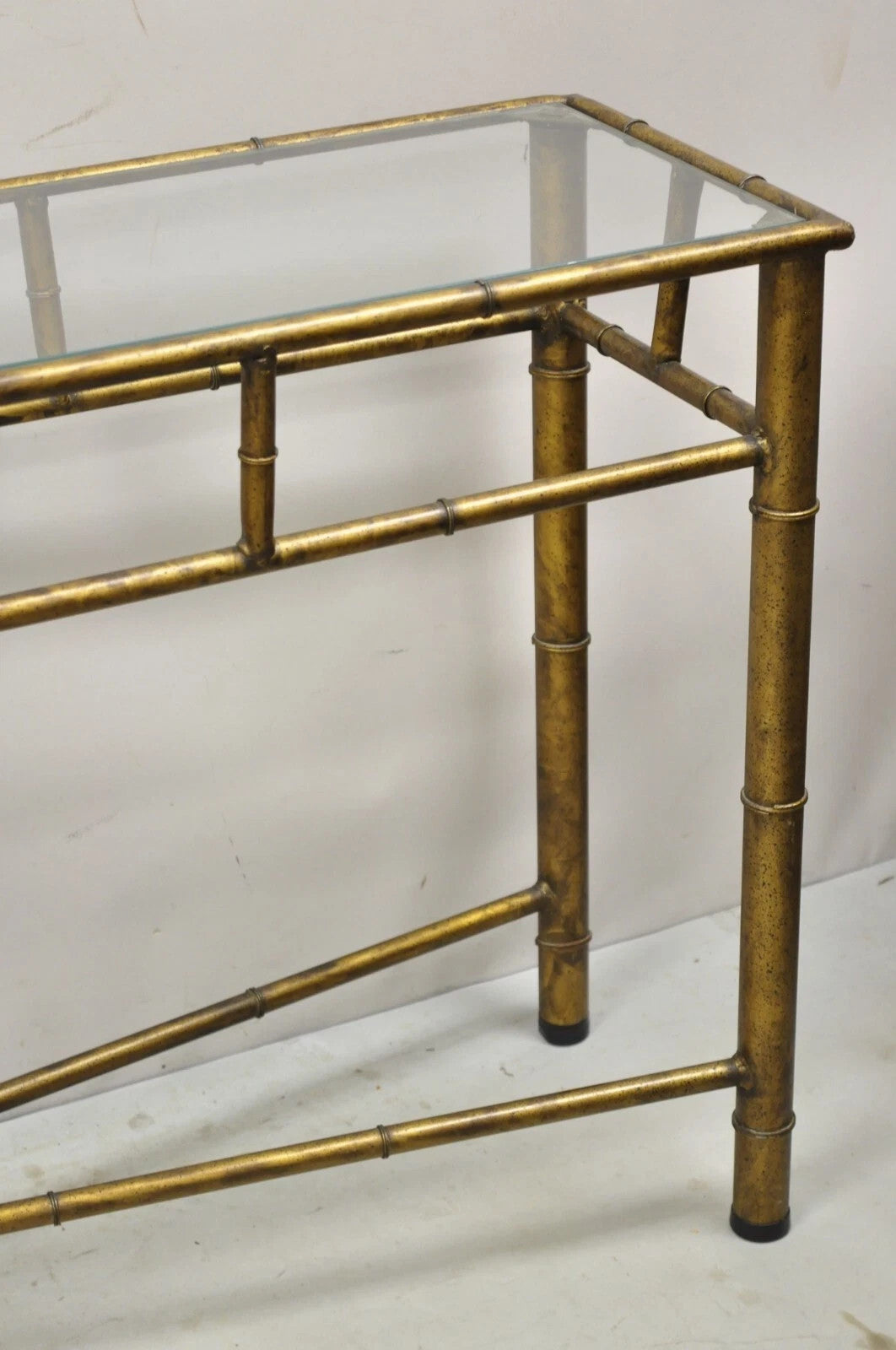 Vintage Italian Hollywood Regency Faux Bamboo Gold Gilt 72" Console Hall Table