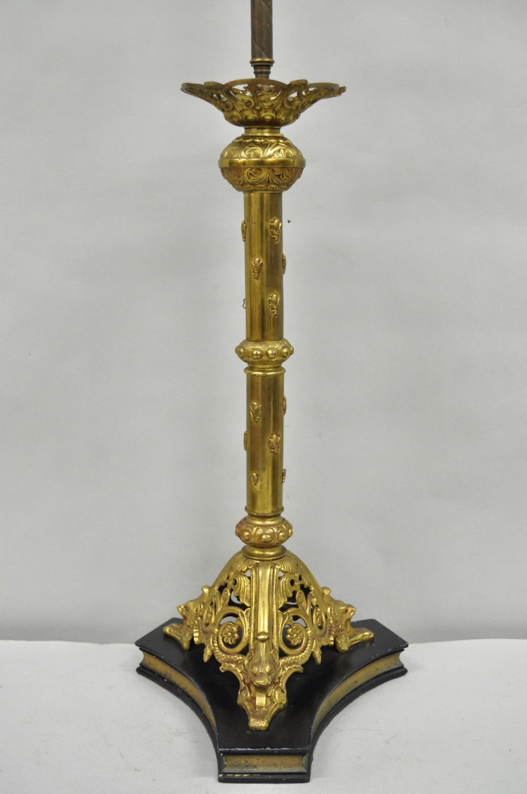 Antique French Renaissance Gothic Figural Brass Candlestick Column Table Lamp