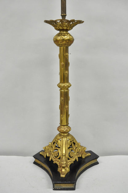 Antique French Renaissance Gothic Figural Brass Candlestick Column Table Lamp