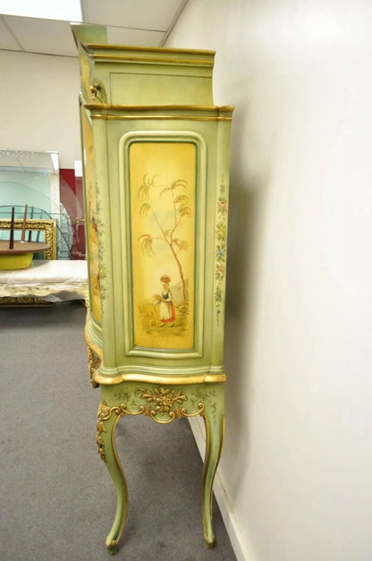 Antique French Louis XV Italian Rococo Style Hand Painted Green Cupboard Cabinet