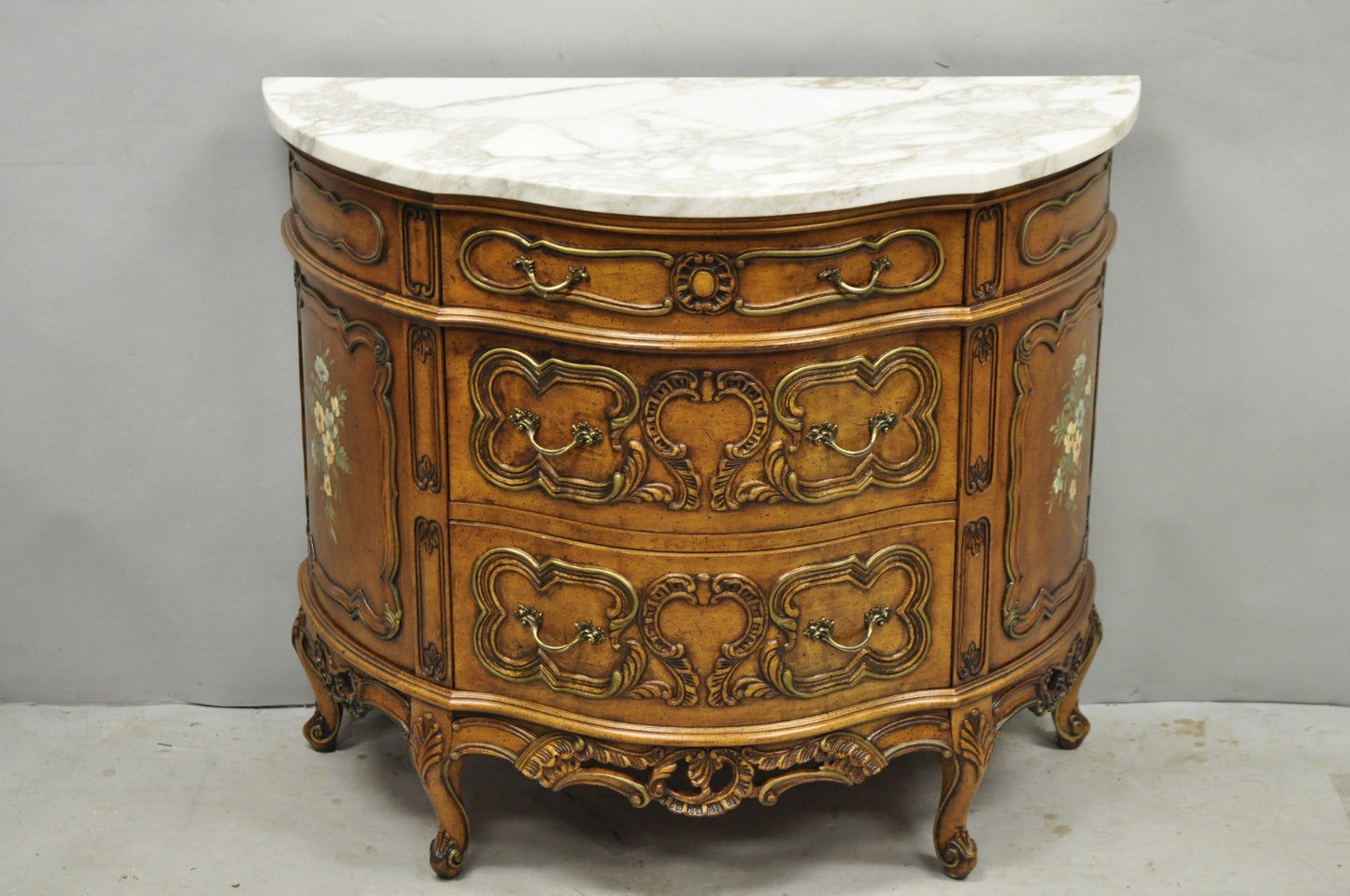 Vintage French Louis XV Style Bombe Demilune Marble Top Floral Painted Commode