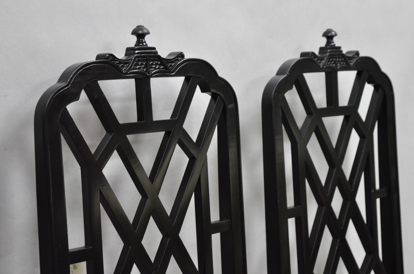 Vintage Chinese Chippendale Pagoda Fretwork Black Lacquer Dining Chair, Set of 4