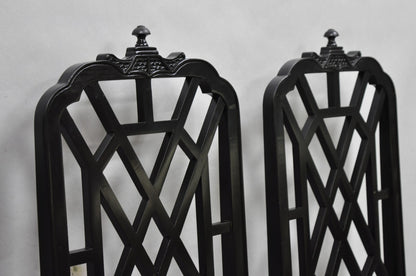 Vintage Chinese Chippendale Pagoda Fretwork Black Lacquer Dining Chair, Set of 4