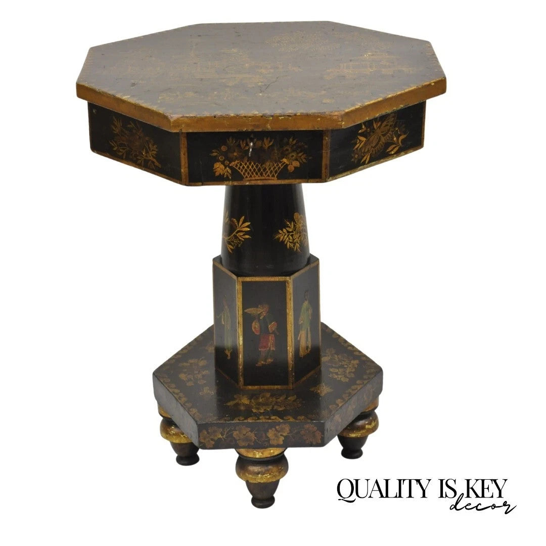 Antique Chinoiserie Hand Painted Pedestal Base Oriental Sewing Stand Side Table