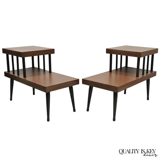 Vintage Mid Century Modern Two Tier Step Walnut Laminate Spindle End Table, Pair