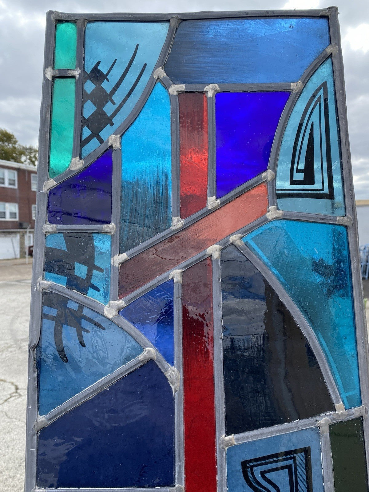 Vintage Art Deco Blue & Red Leaded Stained Glass Church Window w/ Cross 29x13