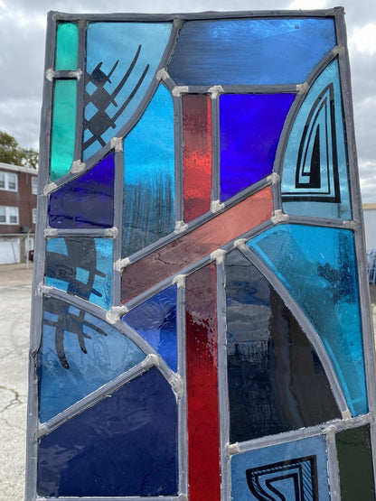 Vintage Art Deco Blue & Red Leaded Stained Glass Church Window w/ Cross 29x13