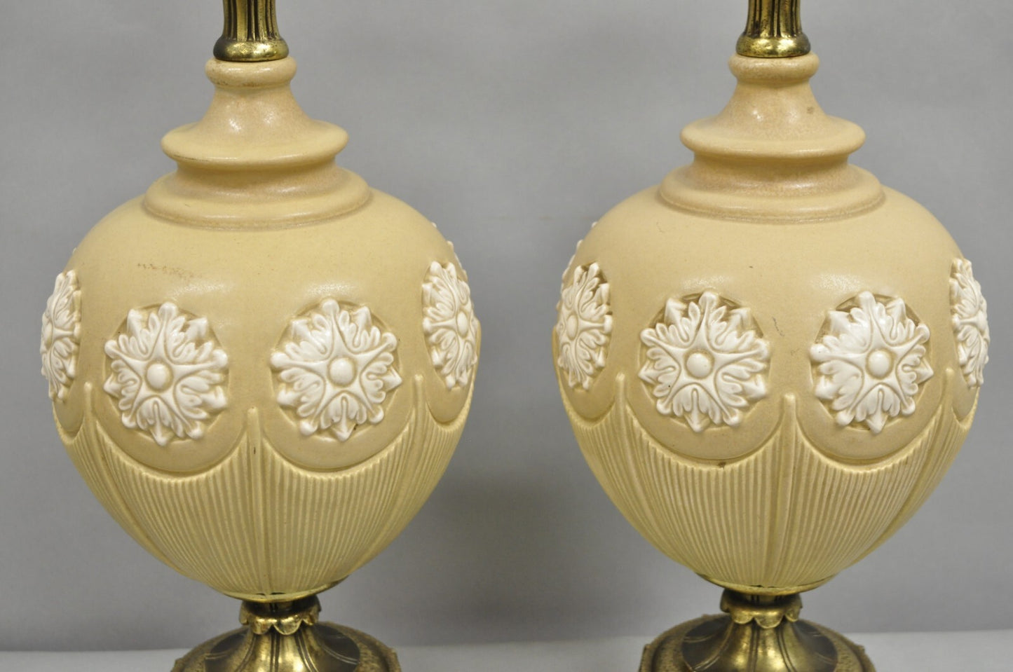 Vintage Hollywood Regency Beige Bulbous Ceramic Snowflake Table Lamps - a Pair
