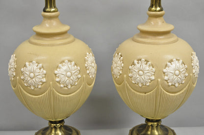 Vintage Hollywood Regency Beige Bulbous Ceramic Snowflake Table Lamps - a Pair