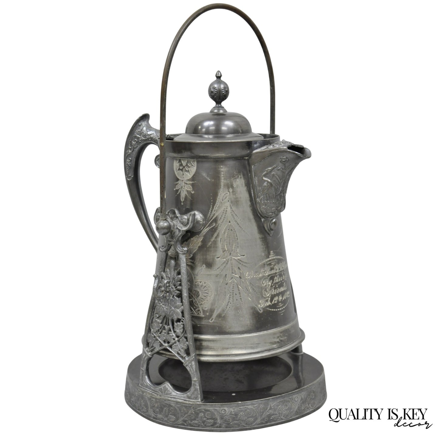 Antique English Victorian Silver Plated Tilting Coffee Pot on Stand w/ Engraving