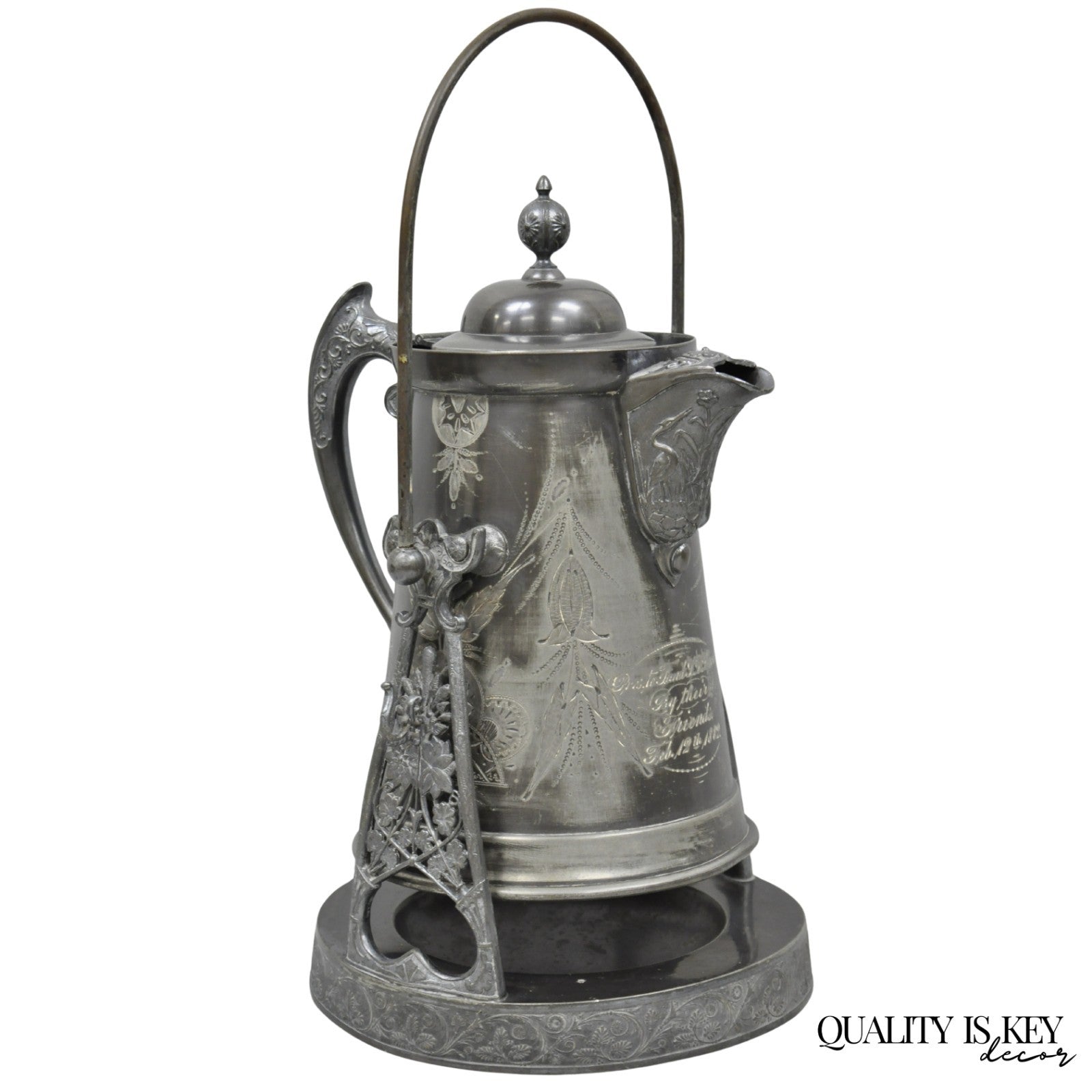 Antique English Victorian Silver Plated Tilting Coffee Pot on Stand w/ Engraving