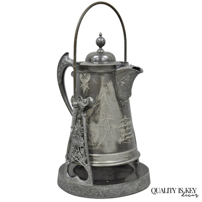 Antique English Victorian Silver Plated Tilting Coffee Pot on Stand w/ Engraving
