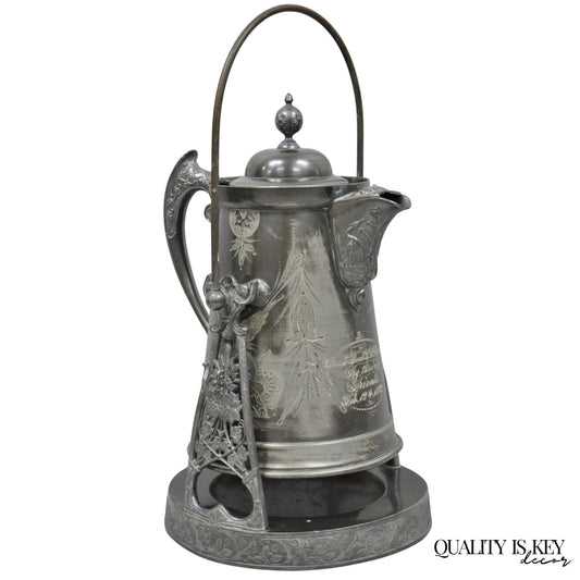 Antique English Victorian Silver Plated Tilting Coffee Pot on Stand w/ Engraving