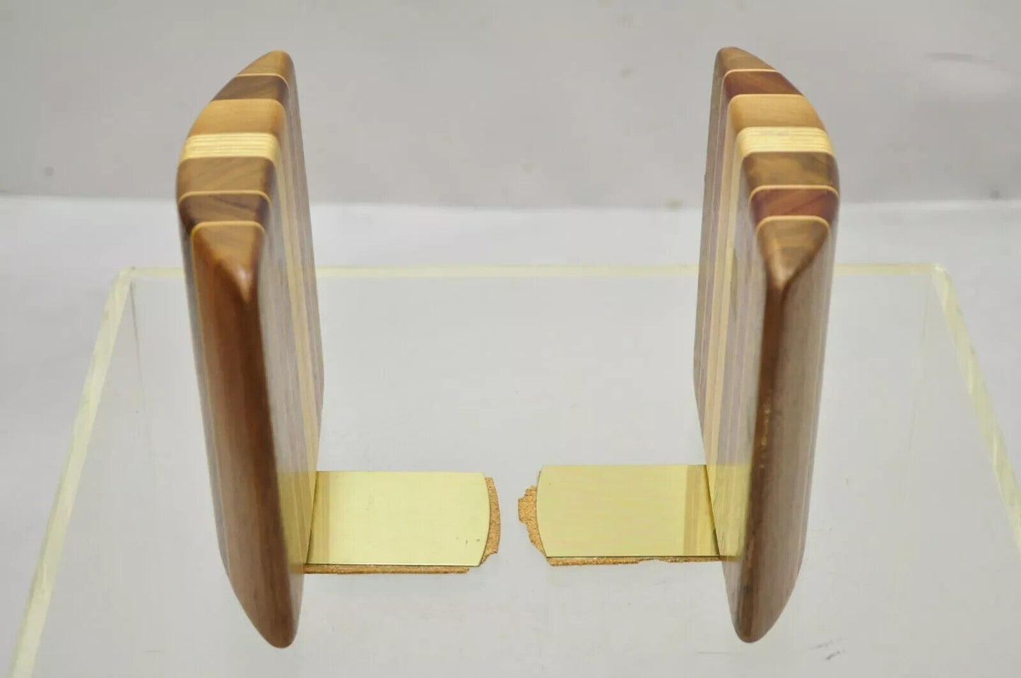Vintage Mid Century Modern Solid Wood & Inlay Curved Modernist Bookends - a Pair