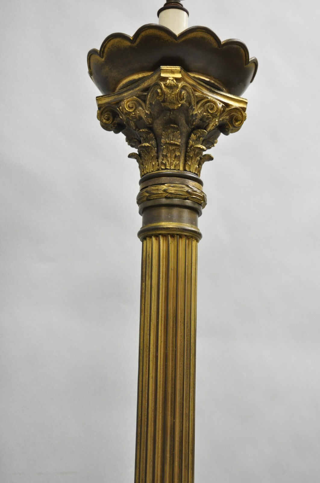 Antique French Empire Patinated Bronze Corinthian Column Candlestick Table Lamp