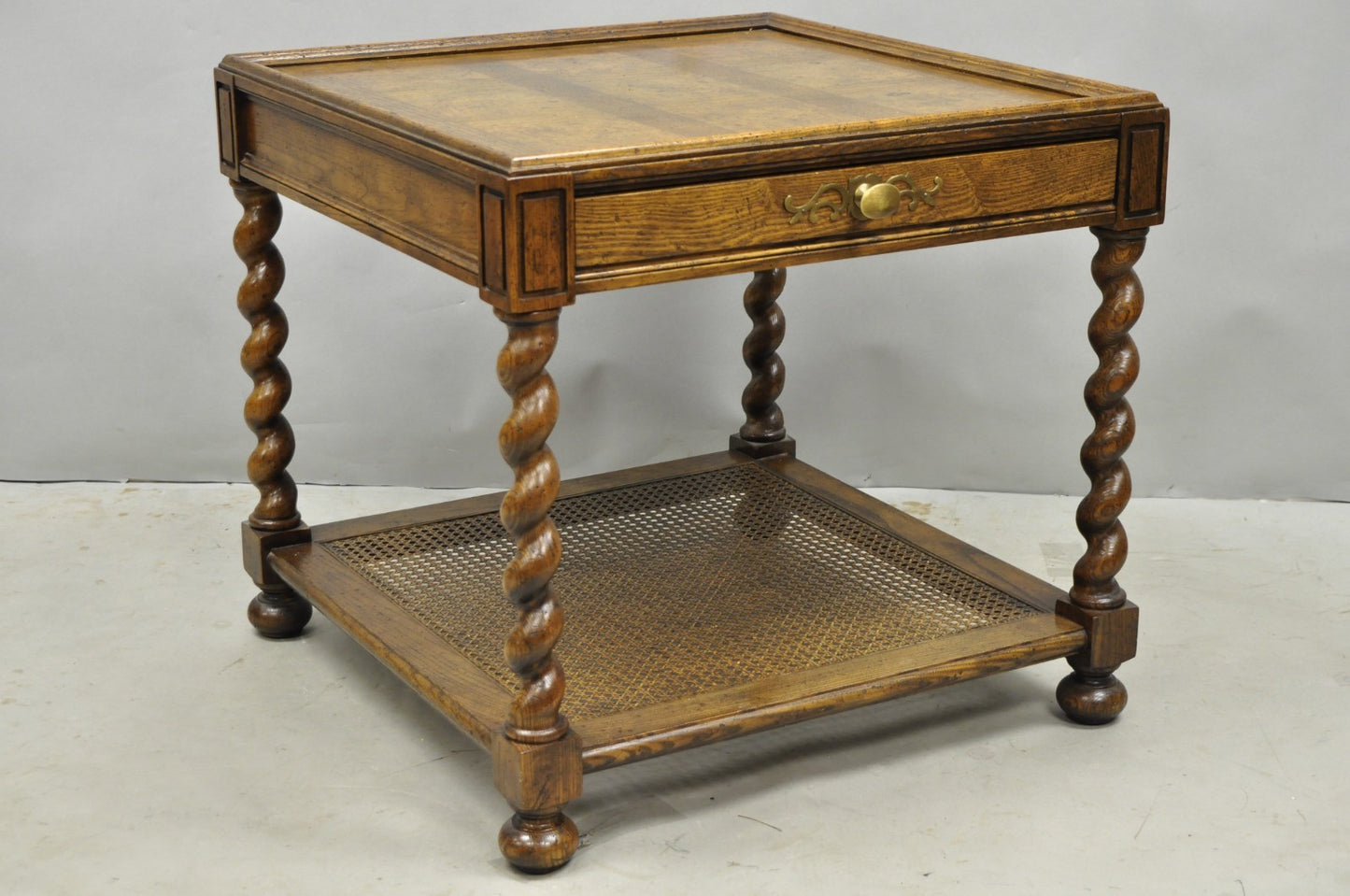 Vintage Baker Barley Twist Oak & Burlwood Parquetry Inlay Square Lamp Side Table