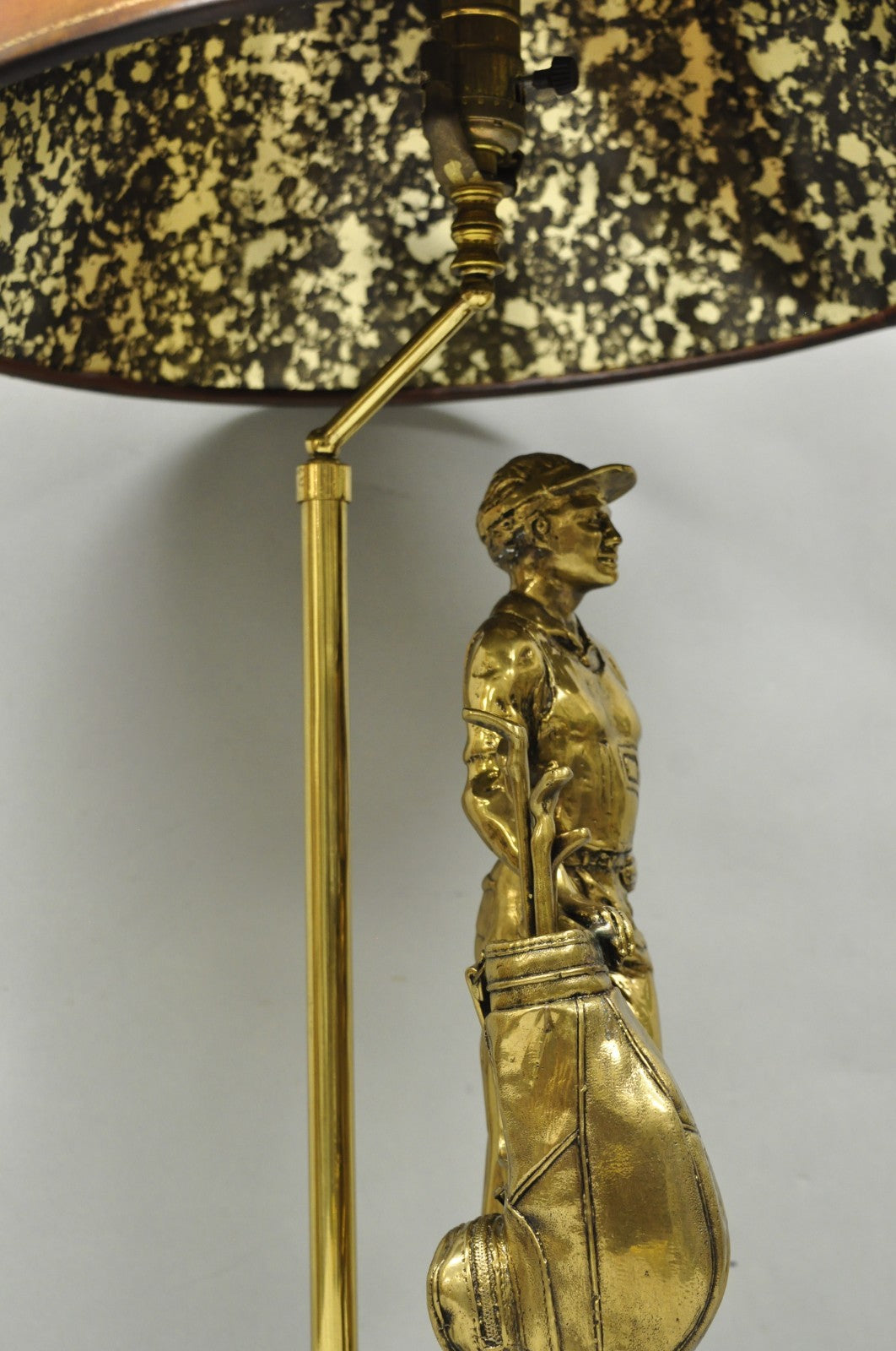 Vintage Maitland Smith Bronze Figure Golfer Sculpture Table Lamp w Leather Shade