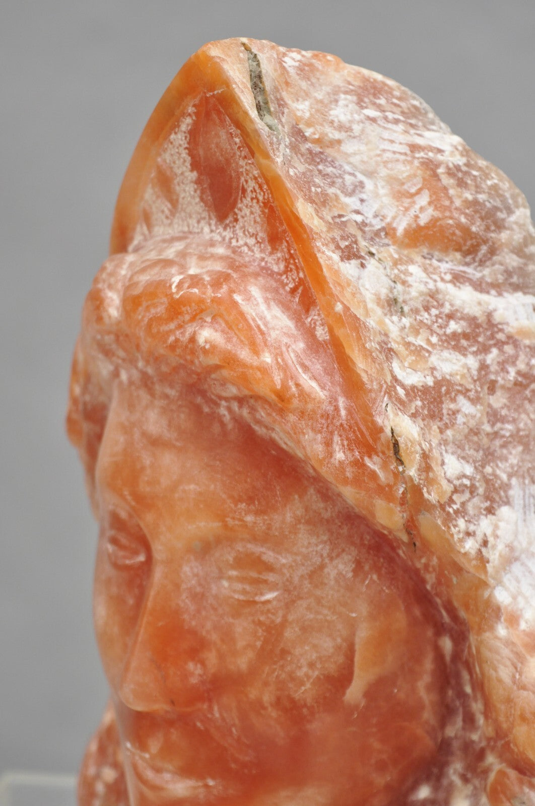 Orange Alabaster "Native American Woman" Bust Sculpture on Travertine Base