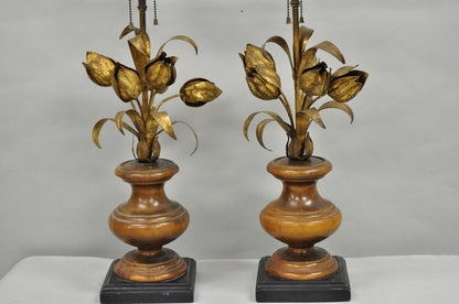 Vintage Italian Hollywood Regency Gold Gilt Iron Flower Bouquet Table Lamps Pair