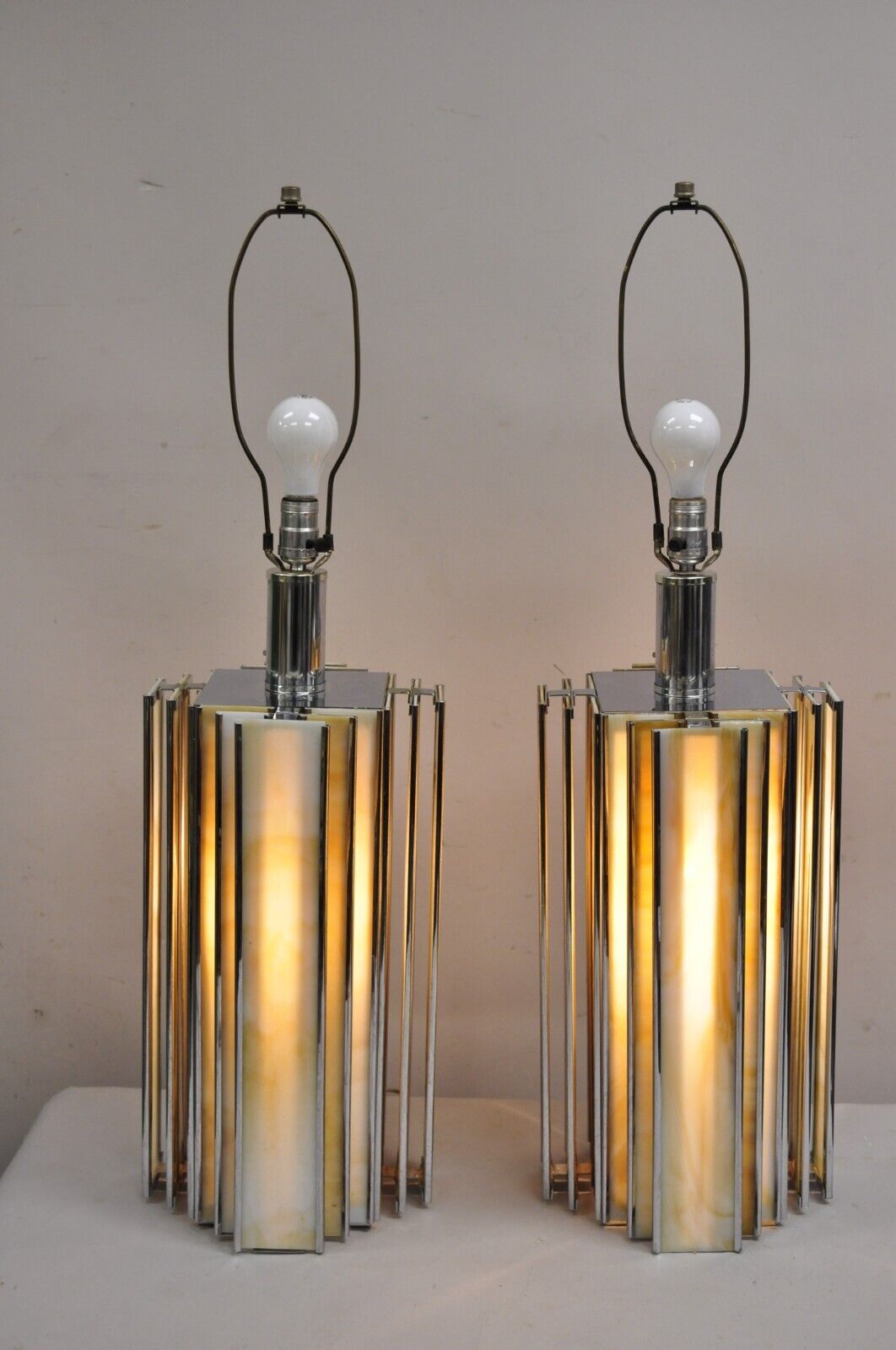 Vintage Art Deco Chrome & Stained Glass Skyscraper Table Lamps - a Pair