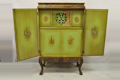 Antique Georgian Green Painted Mirror Front 2 Door Curio China Radio Cabinet