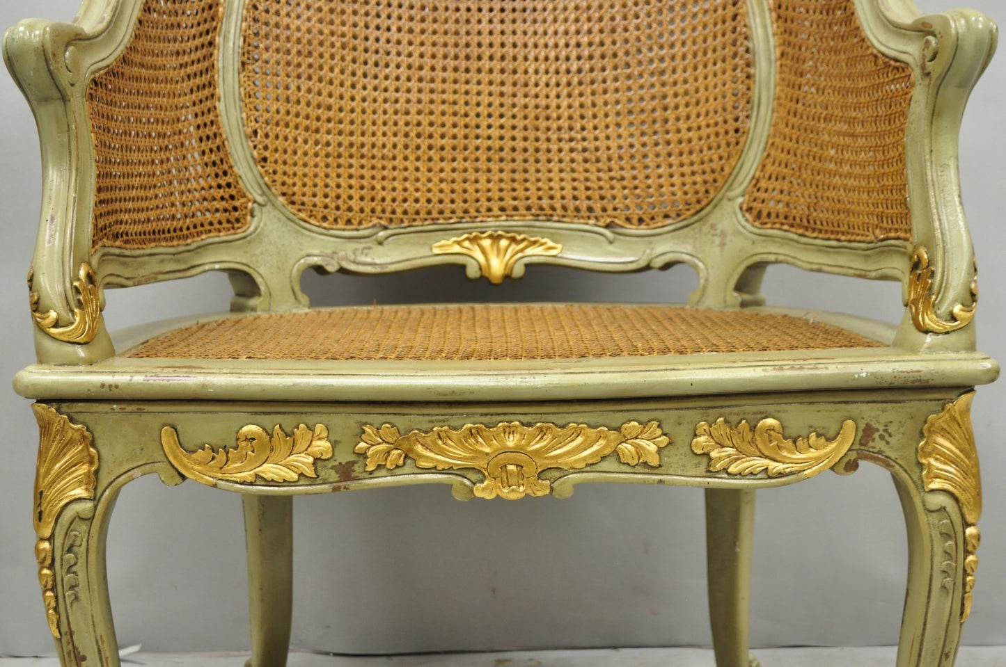 Vintage French Louis XV Style Green Painted Gold Gilt Cane Bergere Arm Chair