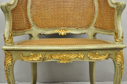 Vintage French Louis XV Style Green Painted Gold Gilt Cane Bergere Arm Chair