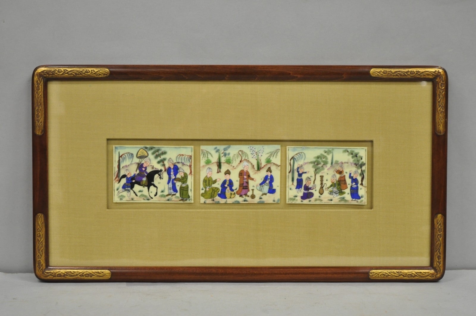 Vintage Persian Miniature Framed Hand Painted 3 Part Village Scene on Bone
