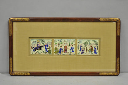 Vintage Persian Miniature Framed Hand Painted 3 Part Village Scene on Bone