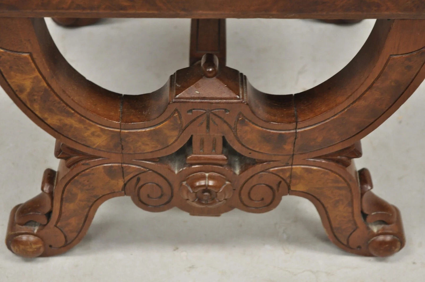 Antique Eastlake Victorian Burl Walnut Carved Curule Footstool Ottoman Stool