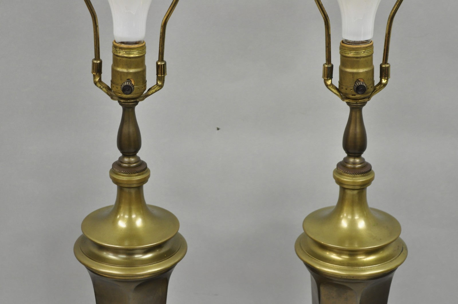 Vintage French Empire Patinated Bronze Brass Column Table Lamps by Wildwood Pair