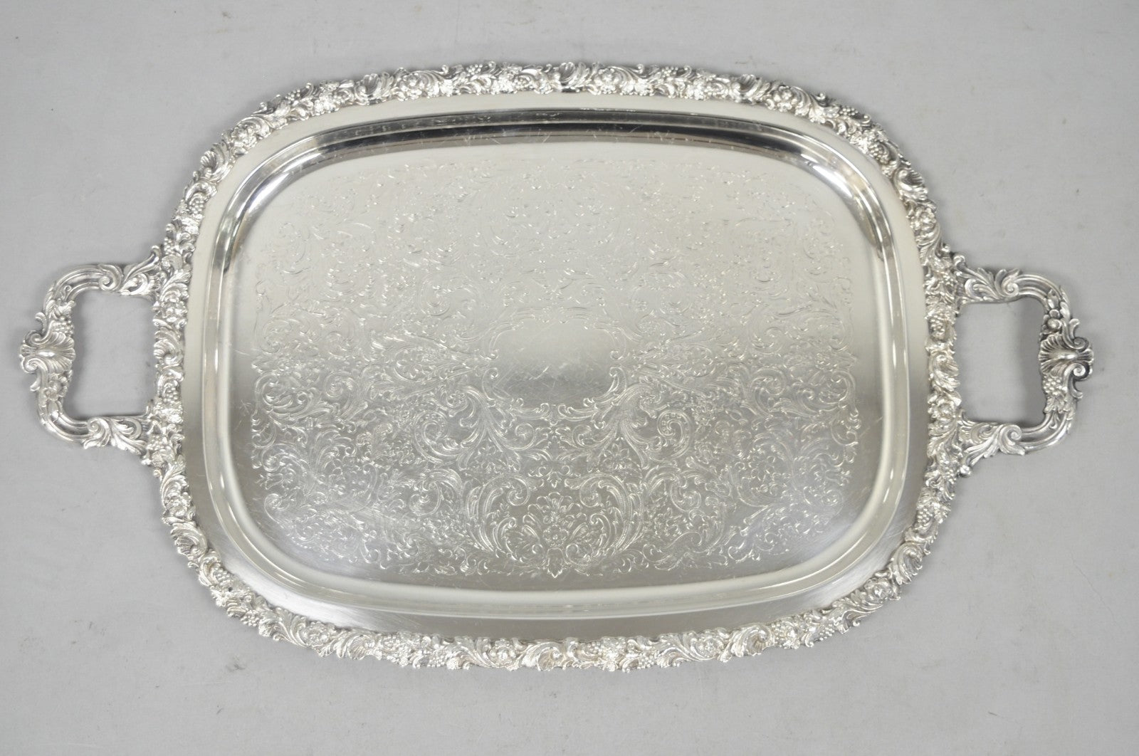 Vintage Gorham YC1466 Silver Plated Floral Repousse Bar Serving Tray w Handles