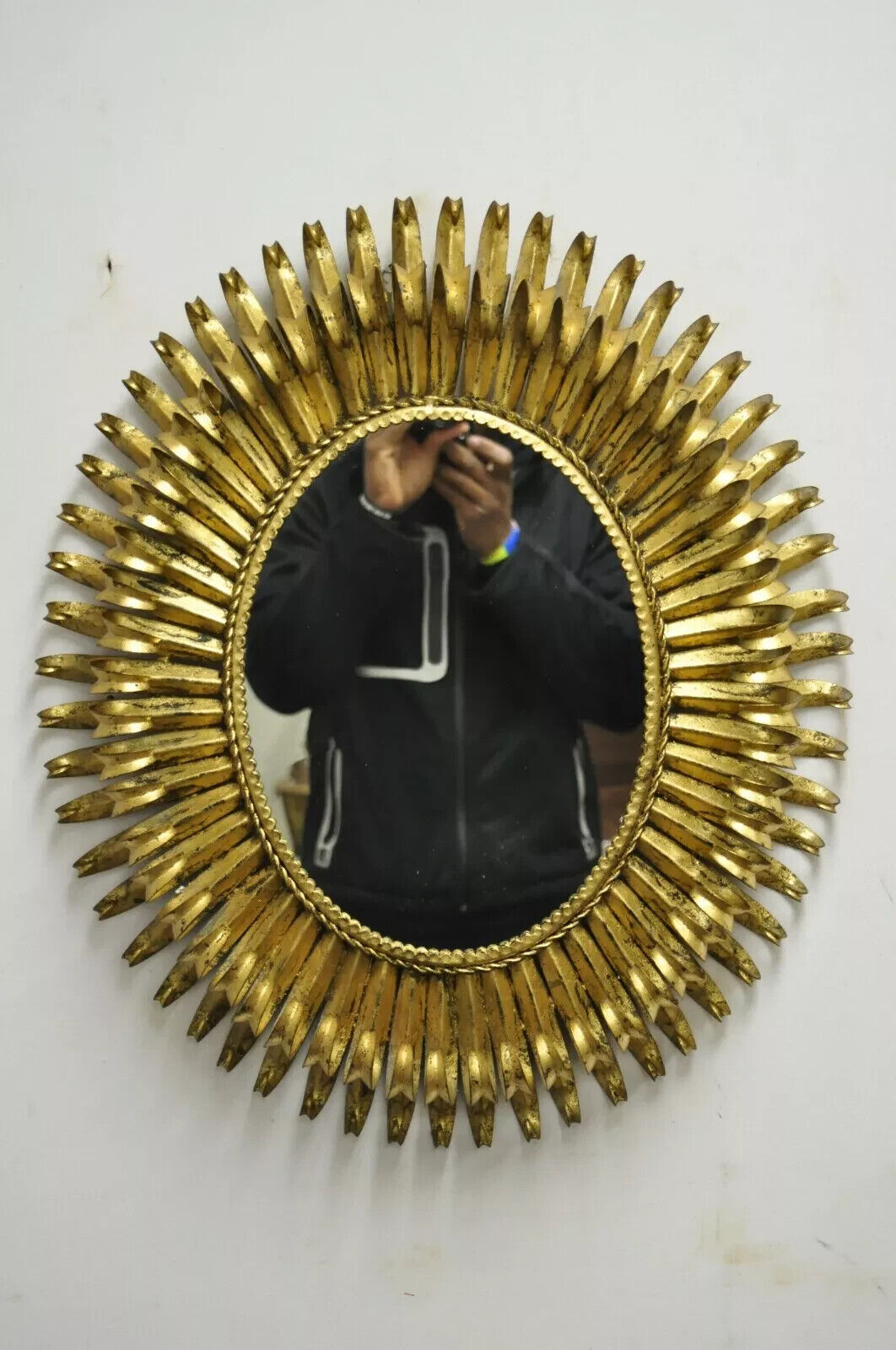 Vintage Italian Hollywood Regency Gold Gilt Iron 24" Oval Sunburst Wall Mirror