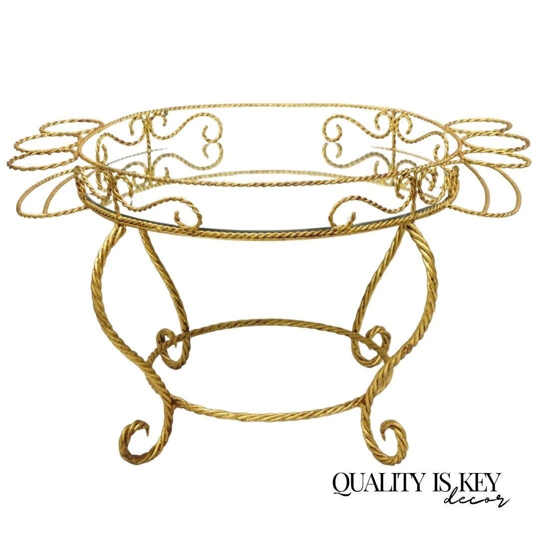 Vintage Italian Hollywood Regency Iron Gold Rope Round Mirror Top Coffee Table