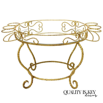Vintage Italian Hollywood Regency Iron Gold Rope Round Mirror Top Coffee Table