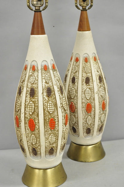 Vintage Mid Century Modern Ceramic Pottery Sculpted Teak Wood Table Lamps - Pair