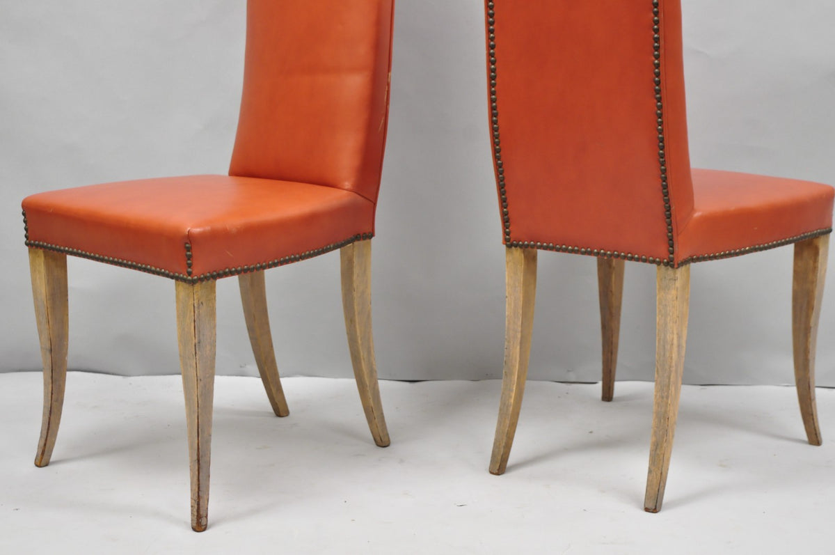Vintage French Art Deco Gio Ponti Style High Back Pickled Wash Side Chair - Pair