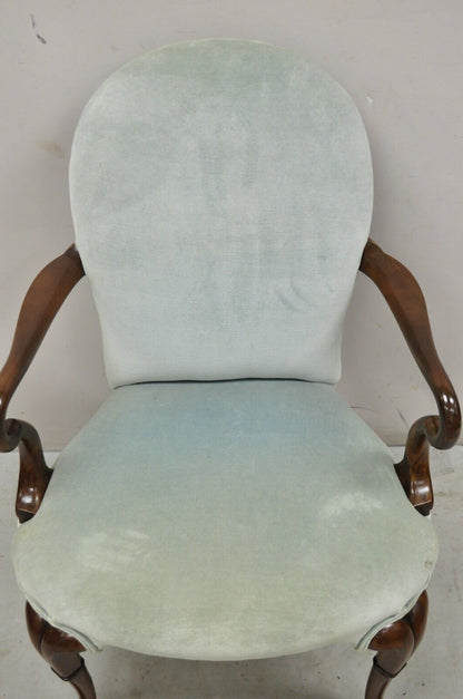 Vintage English Queen Anne Style Mahogany & Walnut Gooseneck Blue Arm Chair