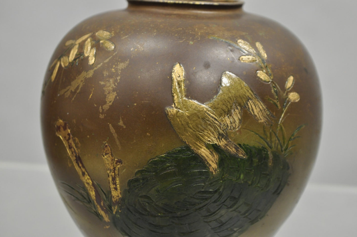 Vintage Chinese Bronze Hand Painted Bird Crane Oriental Bulbous Bud Vase