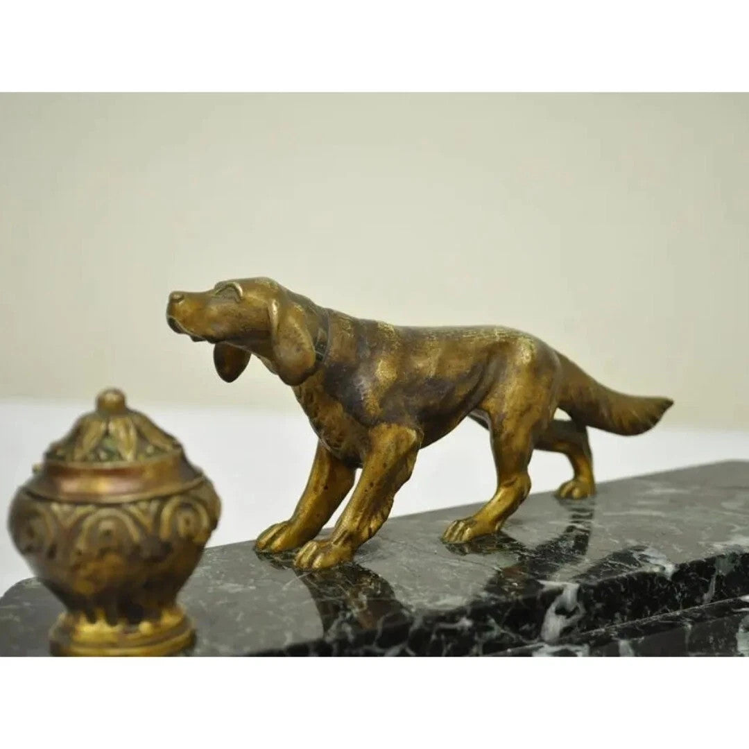 Antique French Empire Figural Bronze & Marble Hunting Dog Desk Double Inkwell