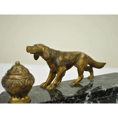 Antique French Empire Figural Bronze & Marble Hunting Dog Desk Double Inkwell