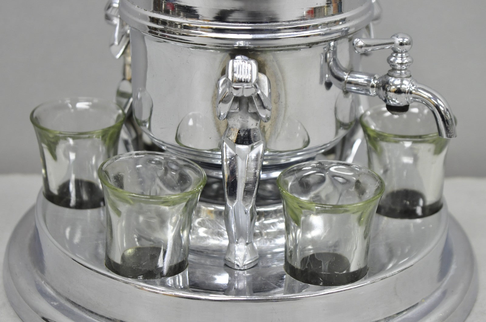 Vintage Art Deco Figural Chrome Metal Barware Samovar Decanter w/ Shot Glasses