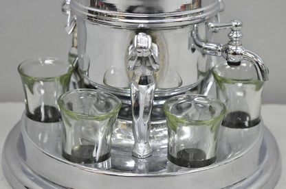 Vintage Art Deco Figural Chrome Metal Barware Samovar Decanter w/ Shot Glasses